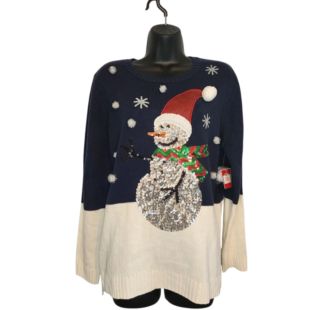 Holiday Time sequined snowman sweater blue and cream size L NWT